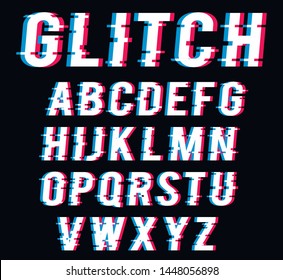 Vector distorted glitch font. Trendy style lettering typeface. Latin letters from A to Z and numbers from 0 to 9. Blue and red channels.