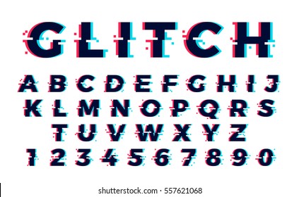 Vector distorted glitch font. Trendy style lettering typeface. Latin letters from A to Z and numbers from 0 to 9. Green and red channels.