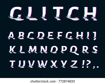 Vector distorted glitch font. Trendy style lettering typeface. Latin letters from A to Z.  Green and blue channels.