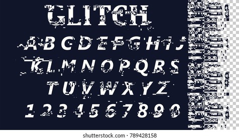 Vector distorted glitch font. Trendy style lettering typeface. Latin letters from A to Z and numbers from 0 to 9. Computer screen error. Digital pixel noise abstract design. EPS10