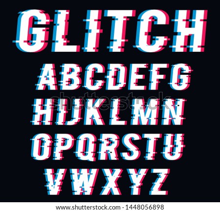 Vector distorted glitch font. Trendy style lettering typeface. Latin letters from A to Z and numbers from 0 to 9. Blue and red channels.