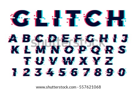 Vector distorted glitch font. Trendy style lettering typeface. Latin letters from A to Z and numbers from 0 to 9. Green and red channels.