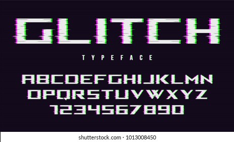 Vector distorted glitch style font design, alphabet, typeface, typography, letters and numbers. Swatch color control.