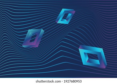 Vector distorted grid design with 3D gradient shapes. Abstract wireframe landscape.  Detailed lines and neon colors.