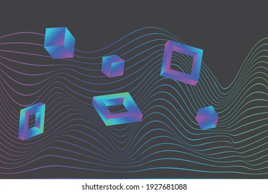 Diseño de rejilla distorsionado vectorial con formas de gradiente 3D. Resumen del paisaje de la estructura alambrada.  Líneas detalladas y colores de neón.