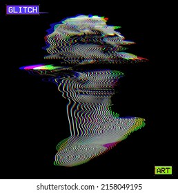 Vector distorted wavy oscillator RGB color mode halftone illustration of male classical head sculpture from 3d rendering isolated on black background in the style of old CRT TVs and VHS technology.