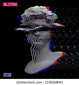 Vector distorted wavy oscillator RGB color mode halftone illustration of male classical head sculpture from 3d rendering isolated on black background in the style of old CRT TVs and VHS technology.