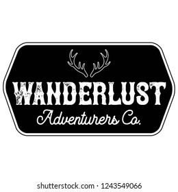 Vector Distressed Antlers Wanderlust Adventurers Company Logo Hexagon Patch In Black And White. Great For T-shirts, Hats, Apparel, Logos, Gifts, Home Decor, Textiles, Stationery, And Paper Crafting.