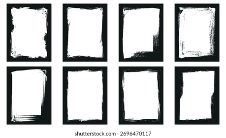 Vector distressed grunge overlay border set with ink brush stroke. Set of rectangular grunge template backgrounds. Hand-drawn grunge square frames and rough brush stroke. 