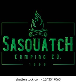 Vector Distressed Rectangle Sasquatch Camping Company Log Campfire Logo in Neon Green Gradient. Great for t-shirts, hats, apparel, logos, gifts, home decor, textiles, stationery, and paper crafting.