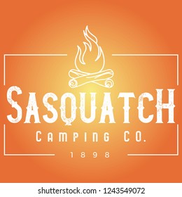 Vector Distressed Rectangle Sasquatch Camping Company Log Campfire Logo in Fire Orange & White. Great for t-shirts, hats, apparel, logos, gifts, home decor, textiles, stationery, and paper crafting.