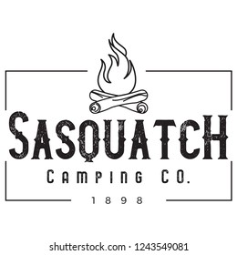 Vector Distressed Rectangle Sasquatch Camping Company Log Campfire Logo in Black & White. Great for t-shirts, hats, apparel, logos, gifts, home decor, textiles, stationery, and paper crafting.