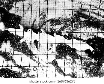 Vector distressed texture. Black & White. Grid, bubbles, foam, rough, grunge.