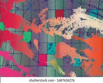 Vector distressed texture. Red, turquoise, green. Grid, bubbles, foam, rough, grunge.