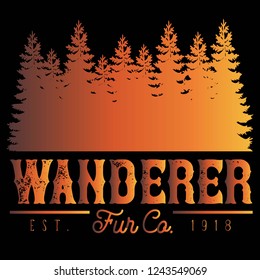 Vector Distressed Wanderer Fur Company Outdoor Adventure Tree Forest Logo in Fire Orange & Black. Great for t-shirts, hats, apparel, logos, gifts, home decor, textiles, stationery, and paper crafting.