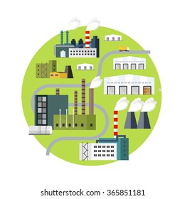 Vector Distribution Concept. Landscape of Factories, Industry, Warehouse with Transportation. 