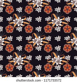 Vector ditsy pattern with leaves, spring summer time, colorful floral background allover print. Gentle romantic seamless naive flower in red, gray and white colors.