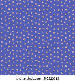 Vector ditsy pattern with leaves, spring summer time, colorful floral background allover print. Gentle romantic seamless naive flower on a blue backdrop.
