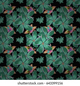 Vector ditsy pattern with leaves, spring summer time, colorful floral background allover print. Gentle romantic seamless naive flower in blue, brown and green colors.