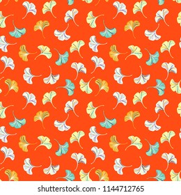 Vector ditsy seamless pattern with ginkgo leaves on red background. Abstract floral autumn background. Vintage print with small leafs and flower for autumn decor and fall fashion. Fall leaves texture