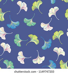 Vector ditsy seamless pattern with ginkgo leaves on blue background. Abstract floral autumn background. Vintage print with small leaf and flower for autumn decor and fall fashion. Fall leaves texture