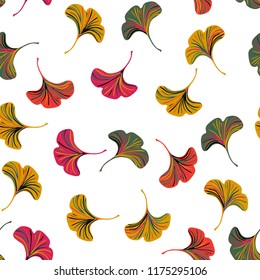 Vector ditsy seamless pattern with ginkgo leaves on white background. Abstract floral autumn background. Vintage print with small leaf and flower for autumn decor and fall fashion. Fall leaves texture