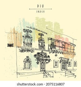 Vector Diu, India illustration. Amazing old traditional beautiful ornamented Portuguese built house. Artistic freehand drawing. Travel sketch. Touristic poster or postcard