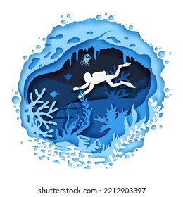 Vector diver swimming. Underwater sea cave with coral reef fish seaweed paper cut craft art illustration. Scuba diving poster