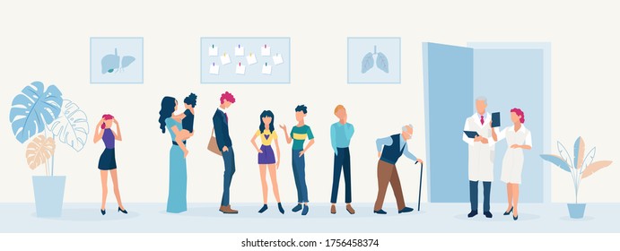 Vector of diverse age group of people waiting in long line for doctor appointment 