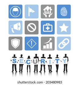 Vector de diversos empresarios con símbolos de seguridad