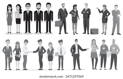 Vektorgrafik verschiedener professioneller Geschäftsleute in Silhouetten, die Teamarbeit, Einstellungen und Büroumgebungen hervorheben, ideal für Präsentationen, Marketingmaterialien und Projekte.Editable EPS10