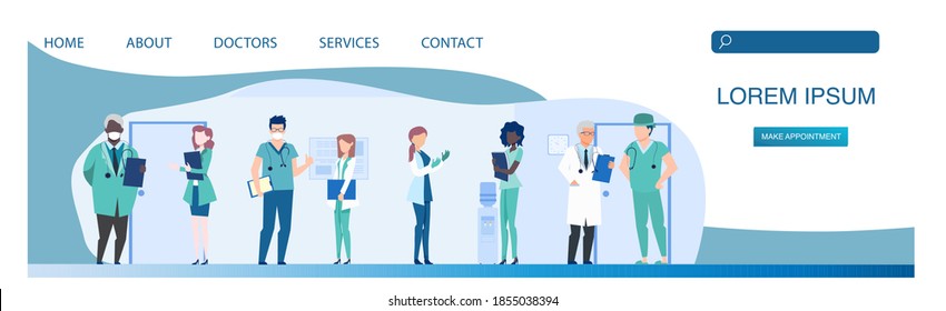 Vector of a diverse group of doctors standing in a hospital corridor 