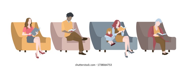 Vector of a diverse group of people reading books sitting on an armchair or sofa