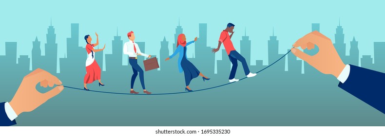 Vector of a diverse group of people walking on balancing tight rope being held by big businessmen 