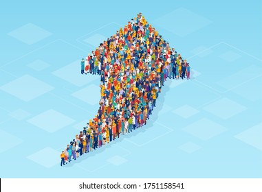 Vector of diverse large group of people shaped as an arrow growing up 