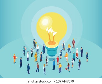 Vector of diverse people brainstorming big idea. Casual men and women standing around light bulb. 