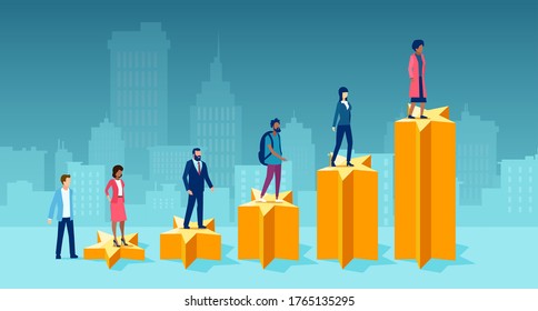 Vector Of Diverse People Climbing Up A Step Ladder Composed Of Feedback Golden Stars