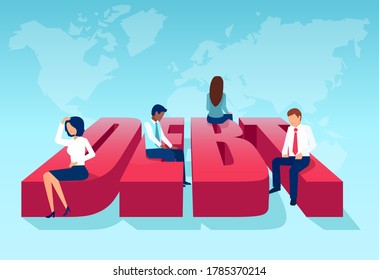 Vector de personas diversas sobrecargadas por una enorme deuda mundial