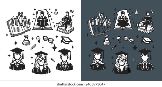 Vector de varios estudiantes jóvenes celebrando su graduación con sombrero de diploma.  conjunto de ilustraciones de línea de doodle