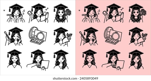 Vector of Diverse young students celebrating their graduation with diploma hat.  set illustration doodle line art
