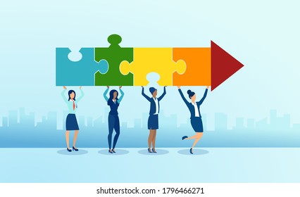 Vector of diverse young women holding puzzle pieces shaped as an arrow 