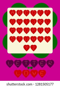 Vector divider alphabet on heart background.An overview of the possibilities of using "letters of love"