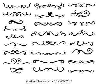 Vector divider, swirl and curl set. Romantic flourish and border decoration line elements for gift cards, wedding invitation, menu. Hand drawn calligraphy