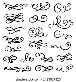 Vector divider, swirl and curl set. Romantic flourish and border decoration line elements for gift cards, wedding invitation, menu. Hand drawn calligraphy