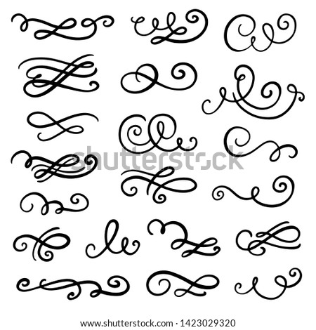 Vector divider, swirl and curl set. Romantic flourish and border decoration line elements for gift cards, wedding invitation, menu. Hand drawn calligraphy