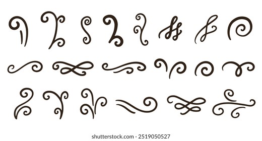 Vector dividers, flourishes, swirls, curls and scrolls set. Calligraphic design elements. Hand drawn ink vintage decoration for wedding invitation, romantic gift card, menu.