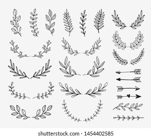 Vector dividers and laurels. Hand drawn doodle design elements. Borders and lines isolated.