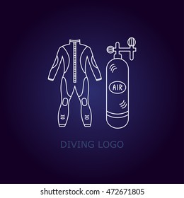Vector diving logo. Thin line icon. logo with a wet suit and oxygen tank.