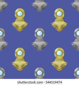 Vector Diving Metal Helmet Seamless Pattern on Blue Water Background