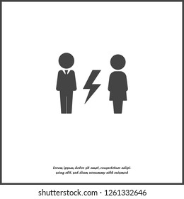 Vector divorce icon. The man and the woman near the lightning icon on white isolated background. Layers grouped for easy editing illustration. For your design.